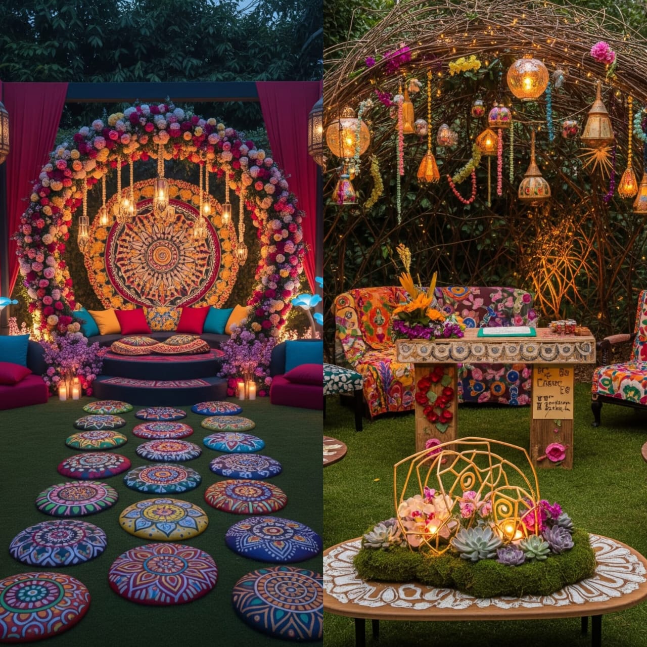 Affordable mehendi decoration ideas with fairy lights, marigold flowers, and colorful drapes.