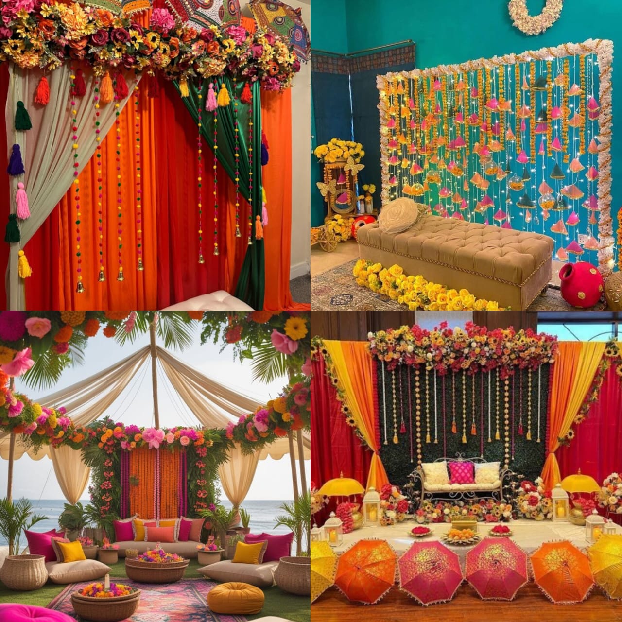 Traditional budget mehendi decoration ideas featuring Rajasthani umbrellas, vibrant colors, and cultural Indian wedding decor.