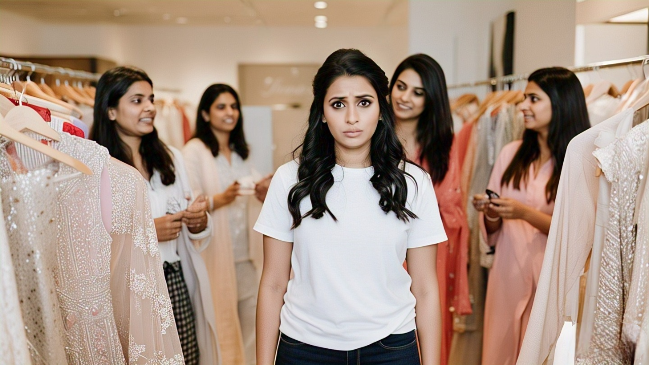 Bride is confused while choosing her wedding outfit from Pinterest boards.